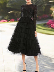 A Line Jewel Neck Long Sleeve Tea Length Mother Of The Bride Dresses With Sequin Tiered