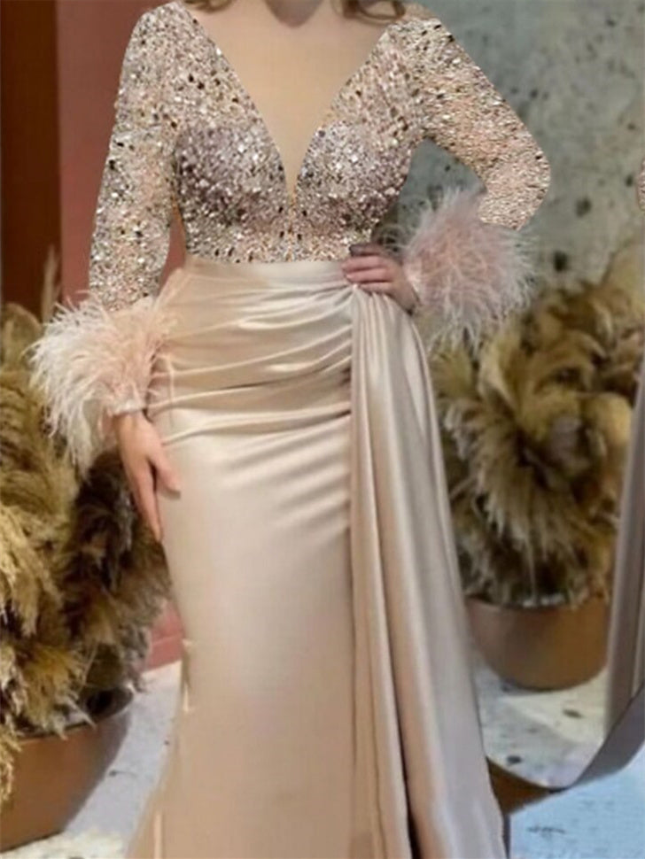 Mermaid Trumpet V Neck Long Sleeve Court Train Mother Of The Bride Dresses Satin With Feather Glitter Ruched