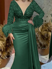 Mermaid Trumpet V Neck Long Sleeve Court Train Mother Of The Bride Dresses Satin With Feather Glitter Ruched