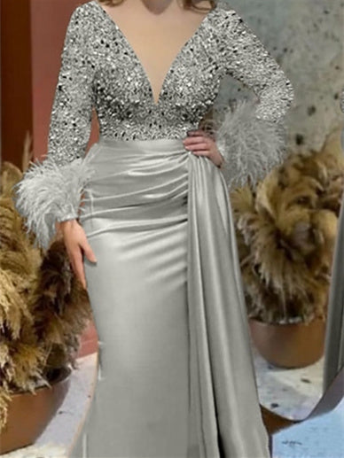 Mermaid Trumpet V Neck Long Sleeve Court Train Mother Of The Bride Dresses Satin With Feather Glitter Ruched