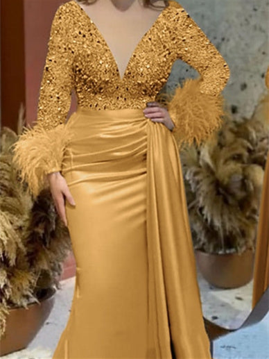 Mermaid Trumpet V Neck Long Sleeve Court Train Mother Of The Bride Dresses Satin With Feather Glitter Ruched