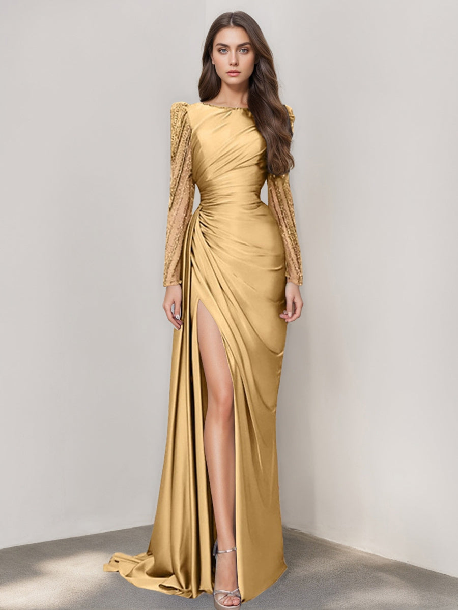 Mermaid Trumpet Jewel Neck Evening Dresses Sweep Brush Train Long Sleeve Prom Party Dress Satin With Ruched Slit