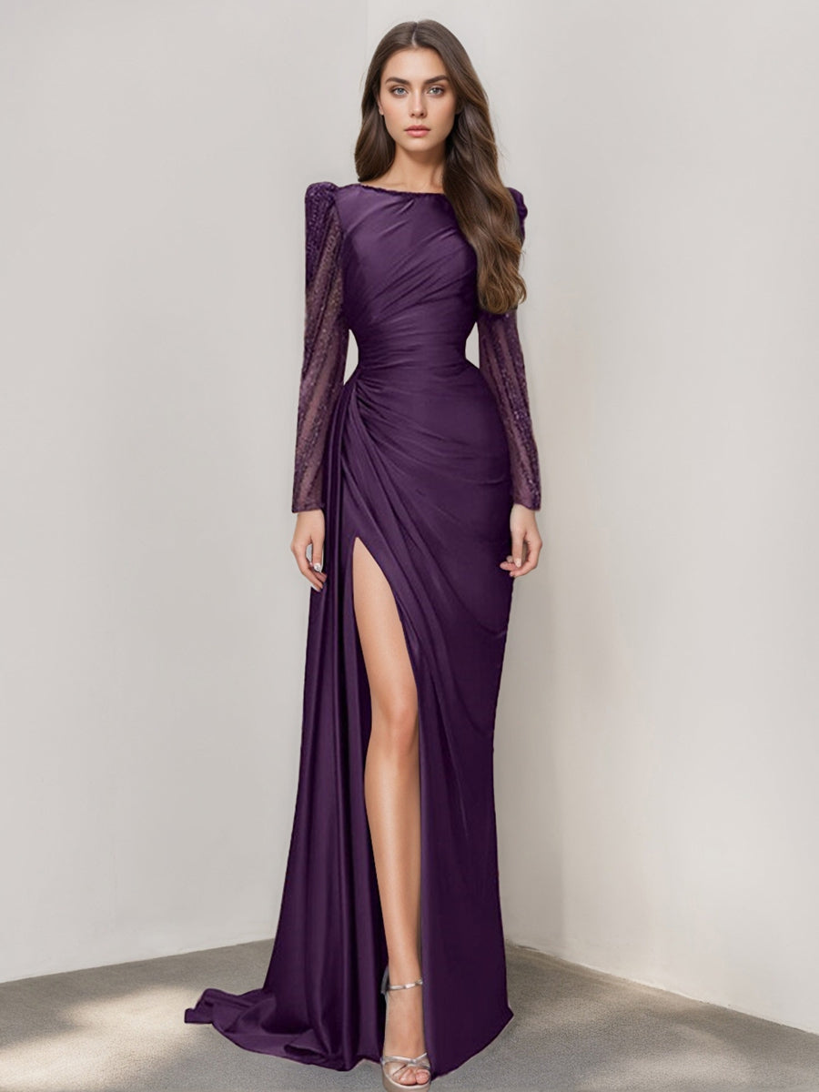 Mermaid Trumpet Jewel Neck Evening Dresses Sweep Brush Train Long Sleeve Prom Party Dress Satin With Ruched Slit