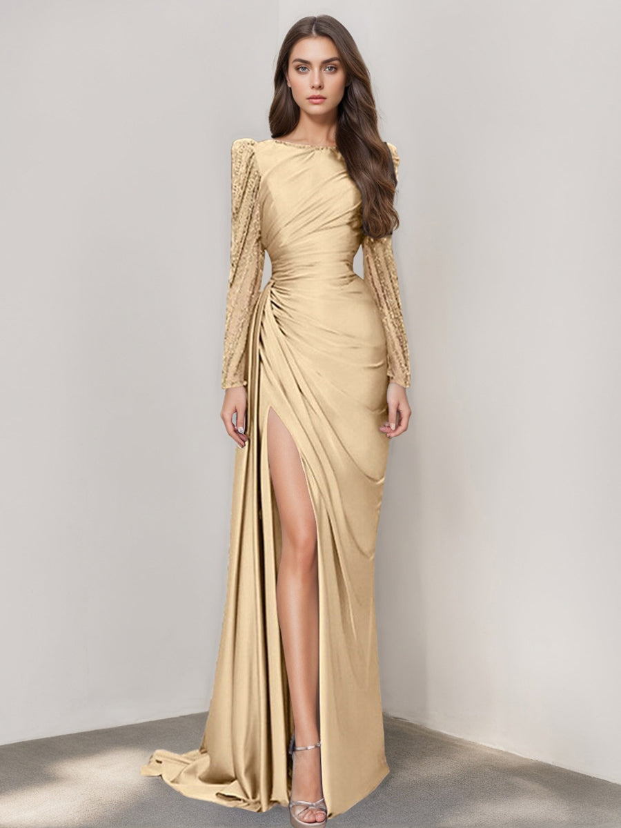 Mermaid Trumpet Jewel Neck Evening Dresses Sweep Brush Train Long Sleeve Prom Party Dress Satin With Ruched Slit