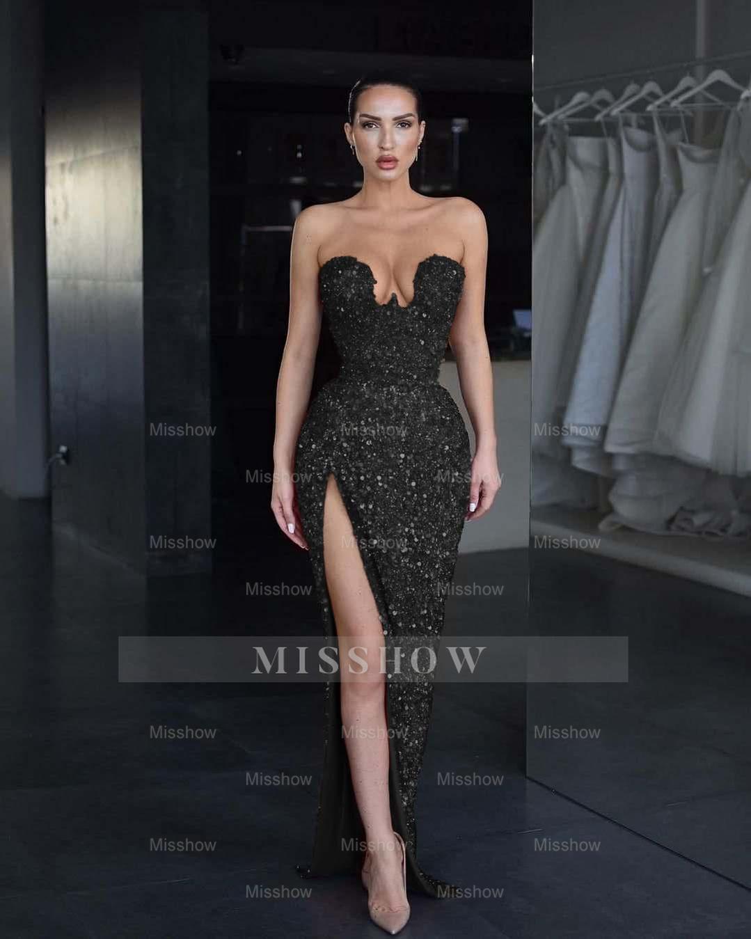 Strapless Sleeveless Long Mermaid Split Formal Dress With Sequins