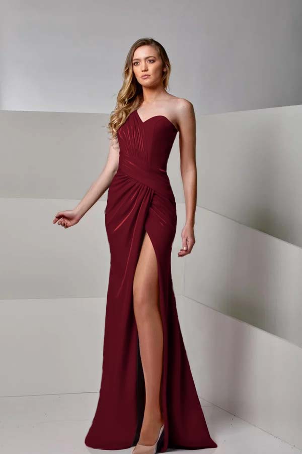 One Shoulder Sleeveless Long Mermaid Split Formal Dress With Pleated