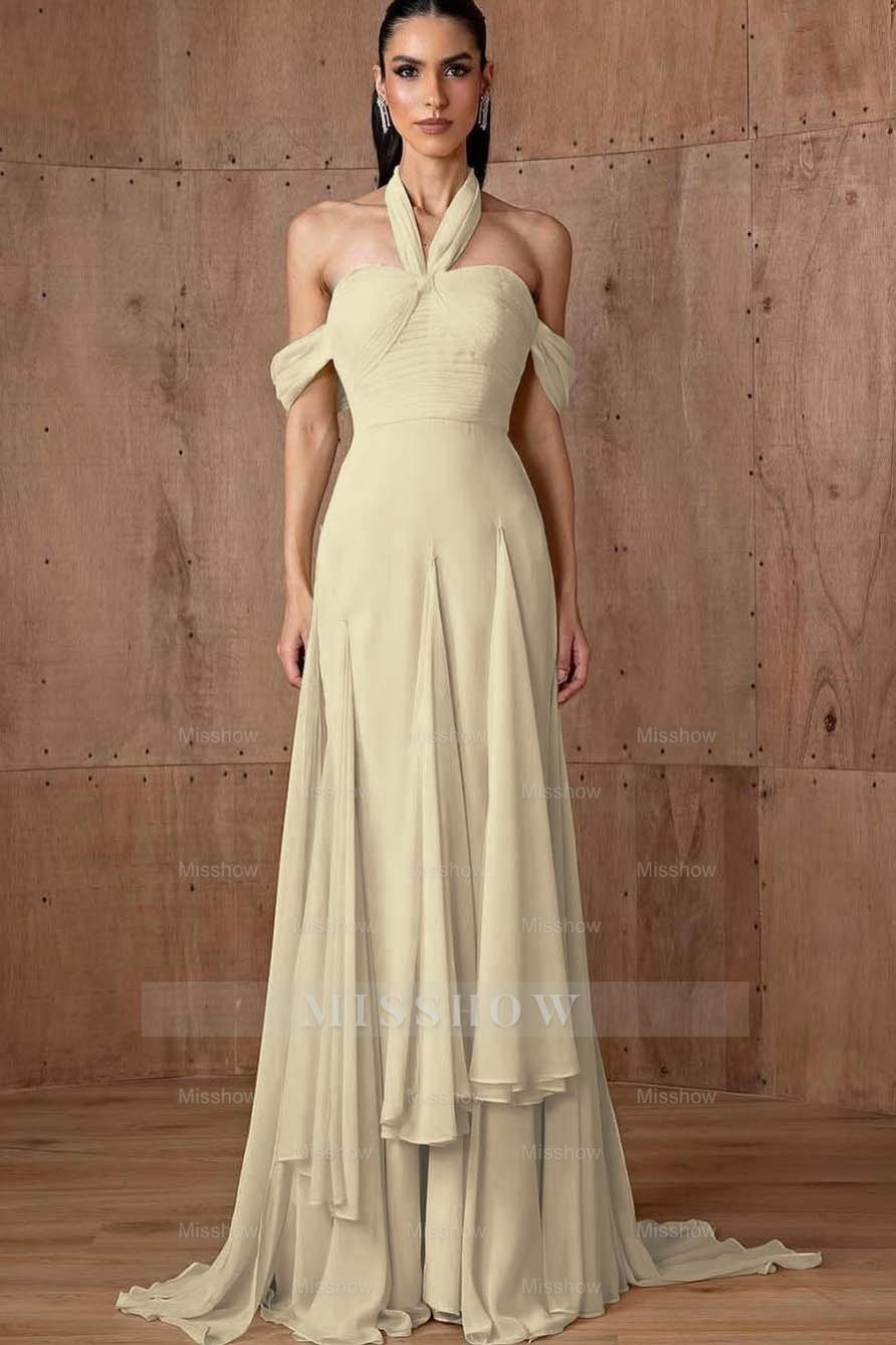 Halter Off the Shoulder Sleeveless Long Formal Dress With Ruffles