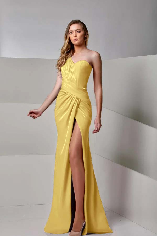 One Shoulder Sleeveless Long Mermaid Split Formal Dress With Pleated