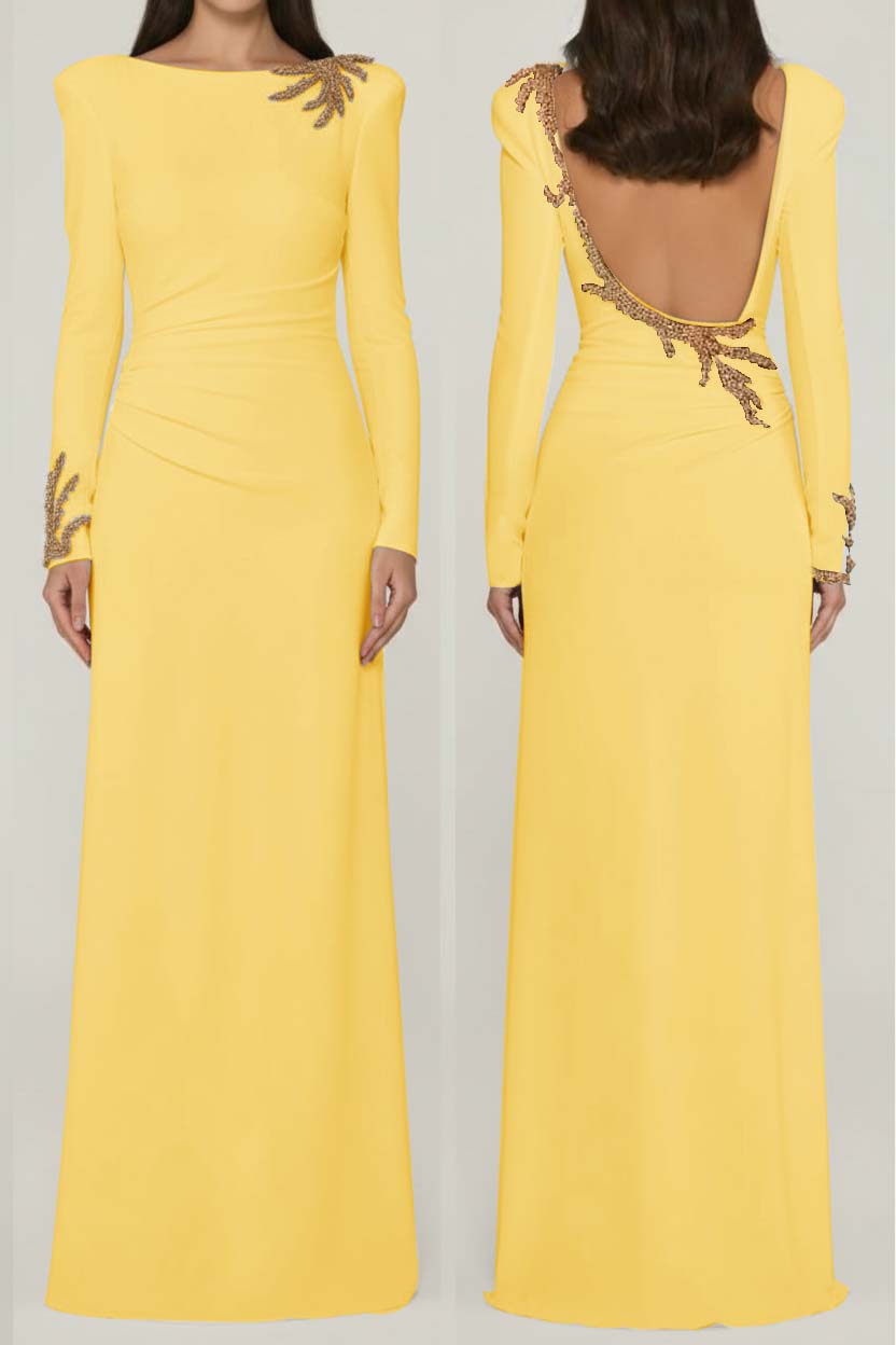 Long Sleeves Long Backless Formal Dress With Appliques Pleated