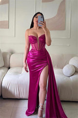 Glamorous Red Strapless Sleeveless Pleated Long Split Formal Dress With Sequins