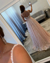 Blush Pink Glitter Lace A-Line Prom Dress Sweetheart Illusion Boned Corset Pearl Straps Satin Bow Belt Sweep Train Ball Gown
