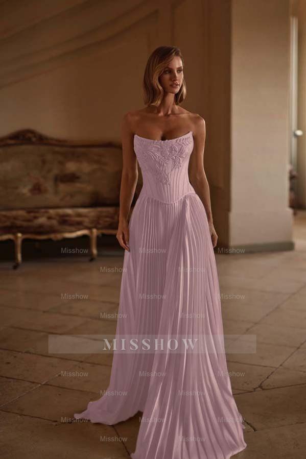 Strapless Sleeveless Long Formal Dress With Appliques Pleated