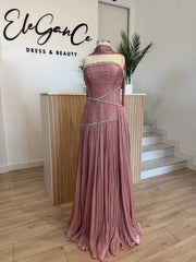 One Shoulder Cape Sleeve Pleated Chiffon Evening Dress Crystal Beaded Waist A-line Formal Gown