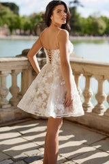 3D Floral Embellished Spaghetti Strap Scoop Neck Lace-Up Back Sequin Mini Fit-and-Flare Dress Bridal Shower