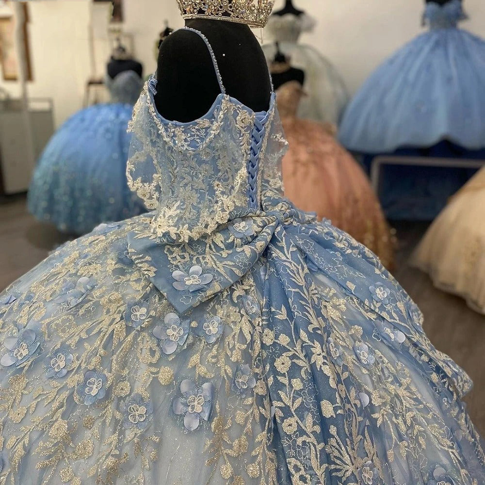 Misshow Sky Blue Tulle Princess Ball Gown V-Neck Spaghetti Straps Floral Appliques & Beaded Lace-Up for Quinceanera or Sweet 16