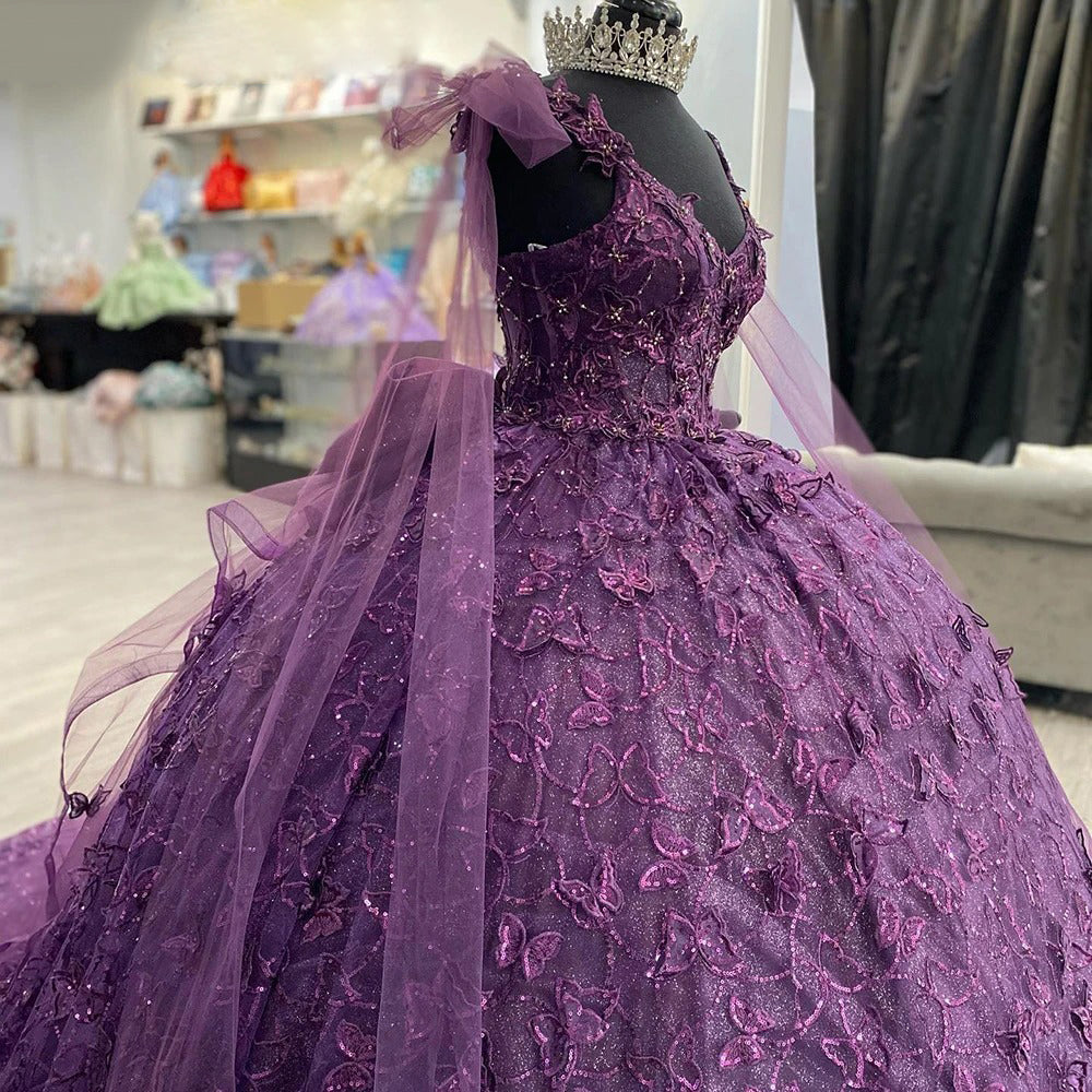 Misshow Purple Tulle Quinceanera Dress Strapless Ball Gown with 3D Butterfly Appliques & Bow Knot for Sweet 16 & Princess Parties