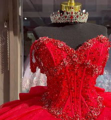 Misshow Off-Shoulder Sweetheart Ball Gown Red Tulle Quinceanera & Evening Party Dress for Sweet 16