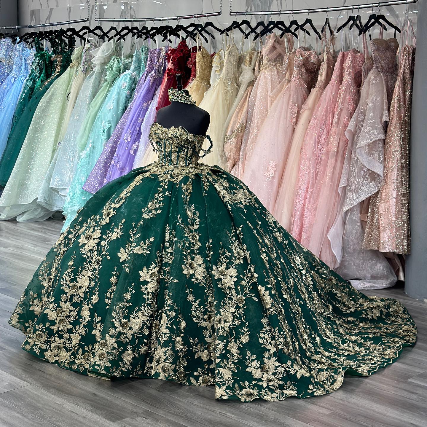 Misshow Dark Green Off-Shoulder Ball Gown Sequined Pleated Tulle Quinceanera & Evening Party Dress