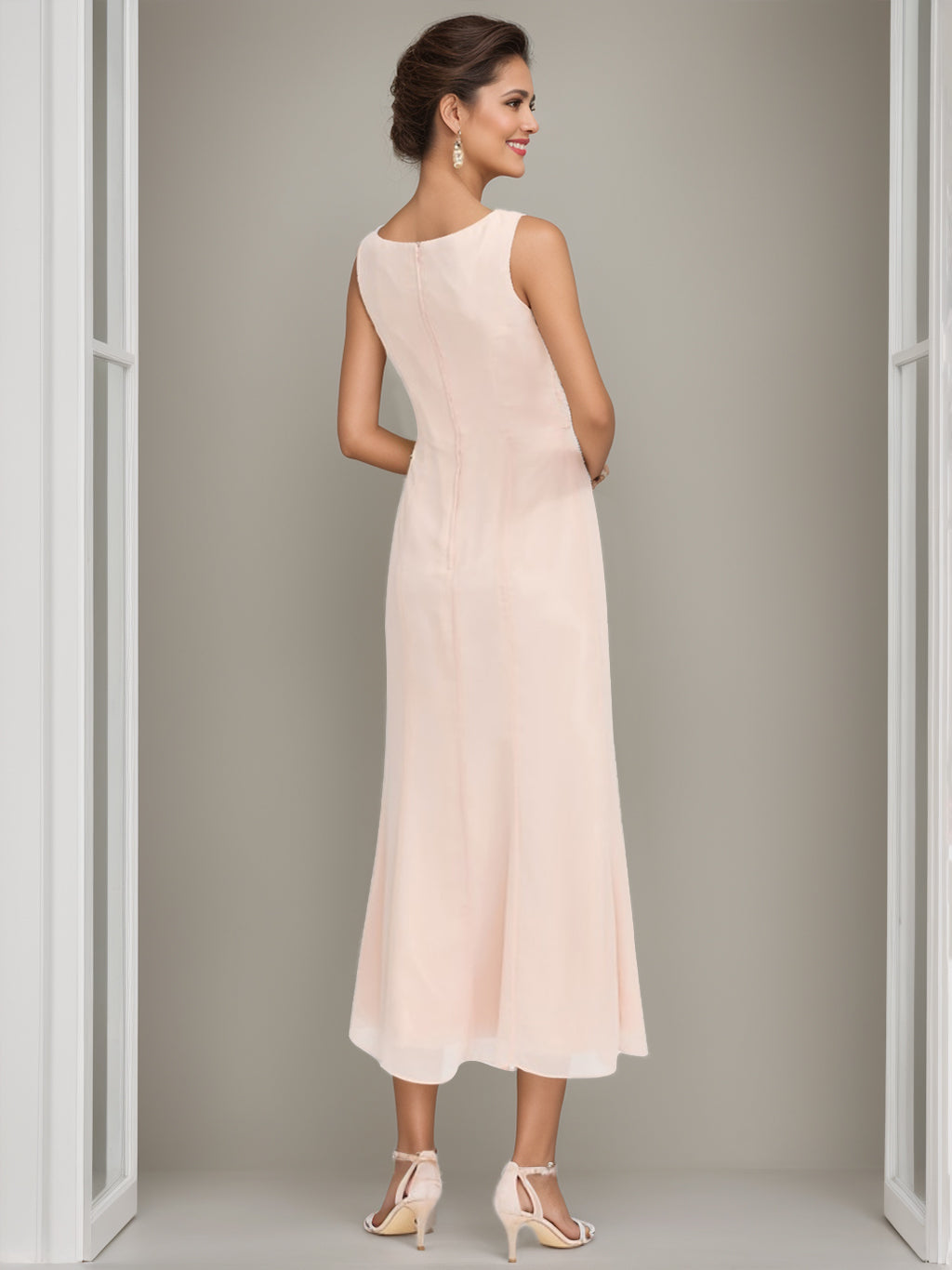 Sheath Column Jewel Neck Tea Length Mother Of The Bride Dresses With Jacket Beading