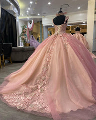 Misshow Sweetheart Neckline Ball Gown Sleeveless Lace Applique & Beaded Pink Tulle Princess Dress for Quinceanera Sweet 16 or Birthday Parties