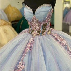 Misshow Exquisite Strapless Ball Gown with Floral Lace Appliques Sweep Train Tulle Quinceanera & Sweet 16 Evening Dress