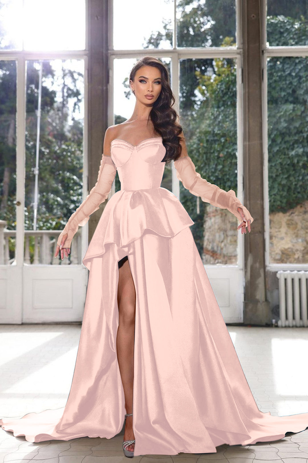 Glamorous Half Sleeves Ink Blue Formal Dress Strapless With High Split Gown