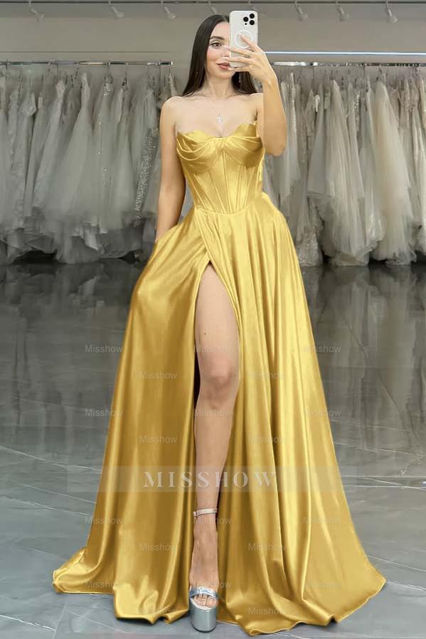 Strapless Sleeveless Long High Split Formal Dress With Pleated