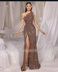 One Shoulder Sleeveless Sequins Front Split Long Formal Dress With Ruffles