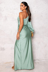 One Shoulder Long Sleeve Long Split Formal Dress With Pleated