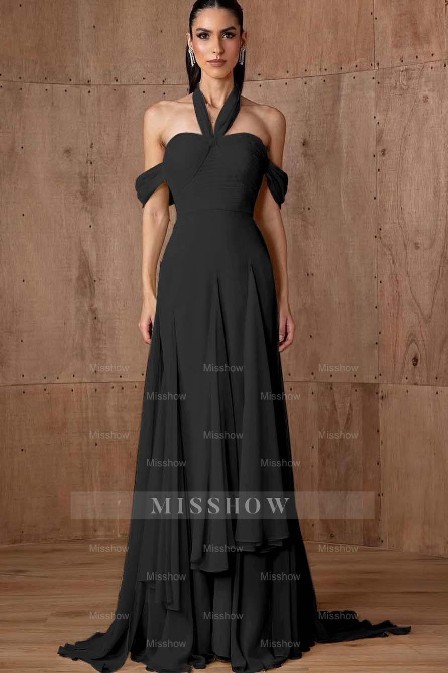 Halter Off the Shoulder Sleeveless Long Formal Dress With Ruffles