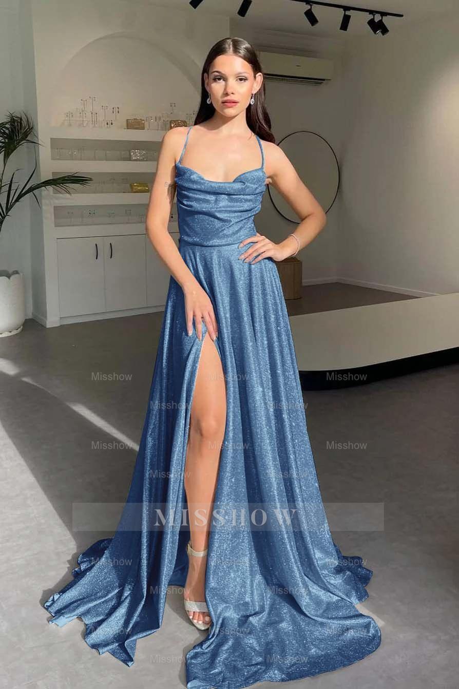 Halter Sleeveless Long Split Formal Dress With Pleated Sequins