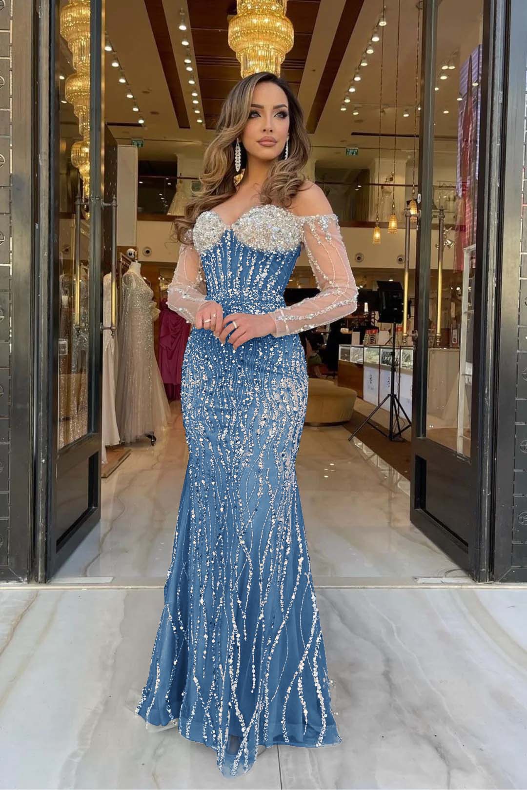 Heavy Formal Dress Sweetheart Long Sleeves Strapless Beading Long Tulle