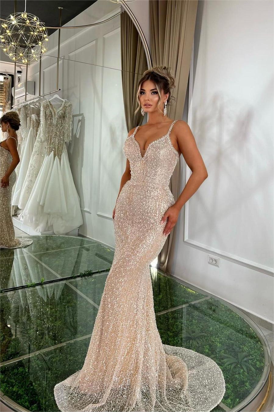 Gorgeous Champaign Gold Straps Sleeveless Mermaid Long Formal Dress With Beading