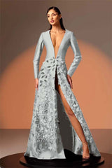 Long Sleeves Deep V Neck High Split Long Formal Dress With Appliques