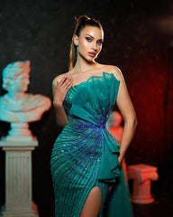 Tulle Sleeveless Shining Strapless Beading Front Split Formal Dress