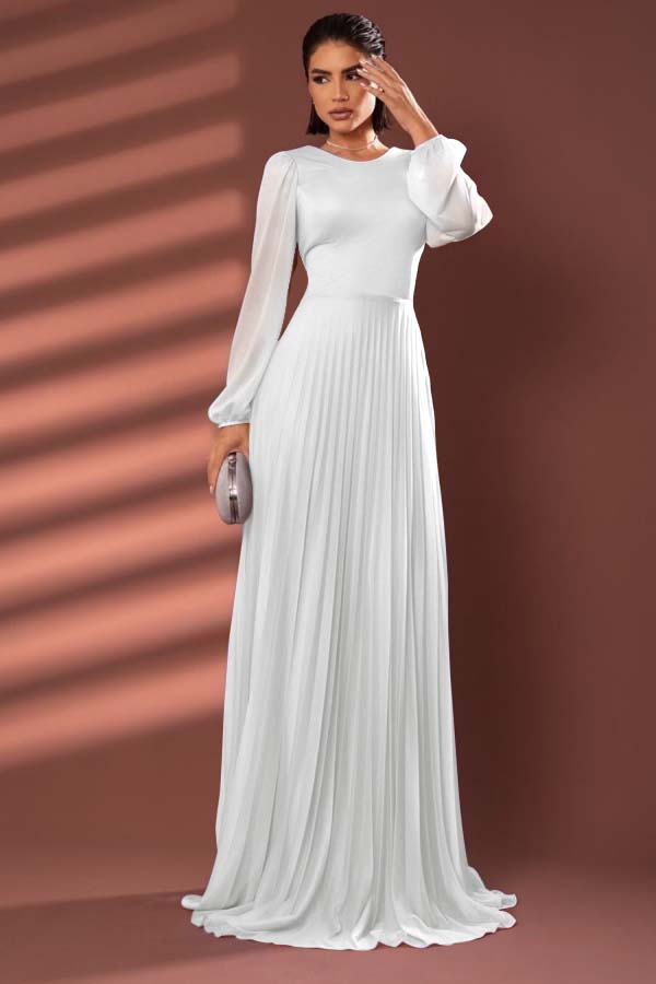 Chiffon Jewel Neck Long Sleeves Long Formal Dress With Pleated