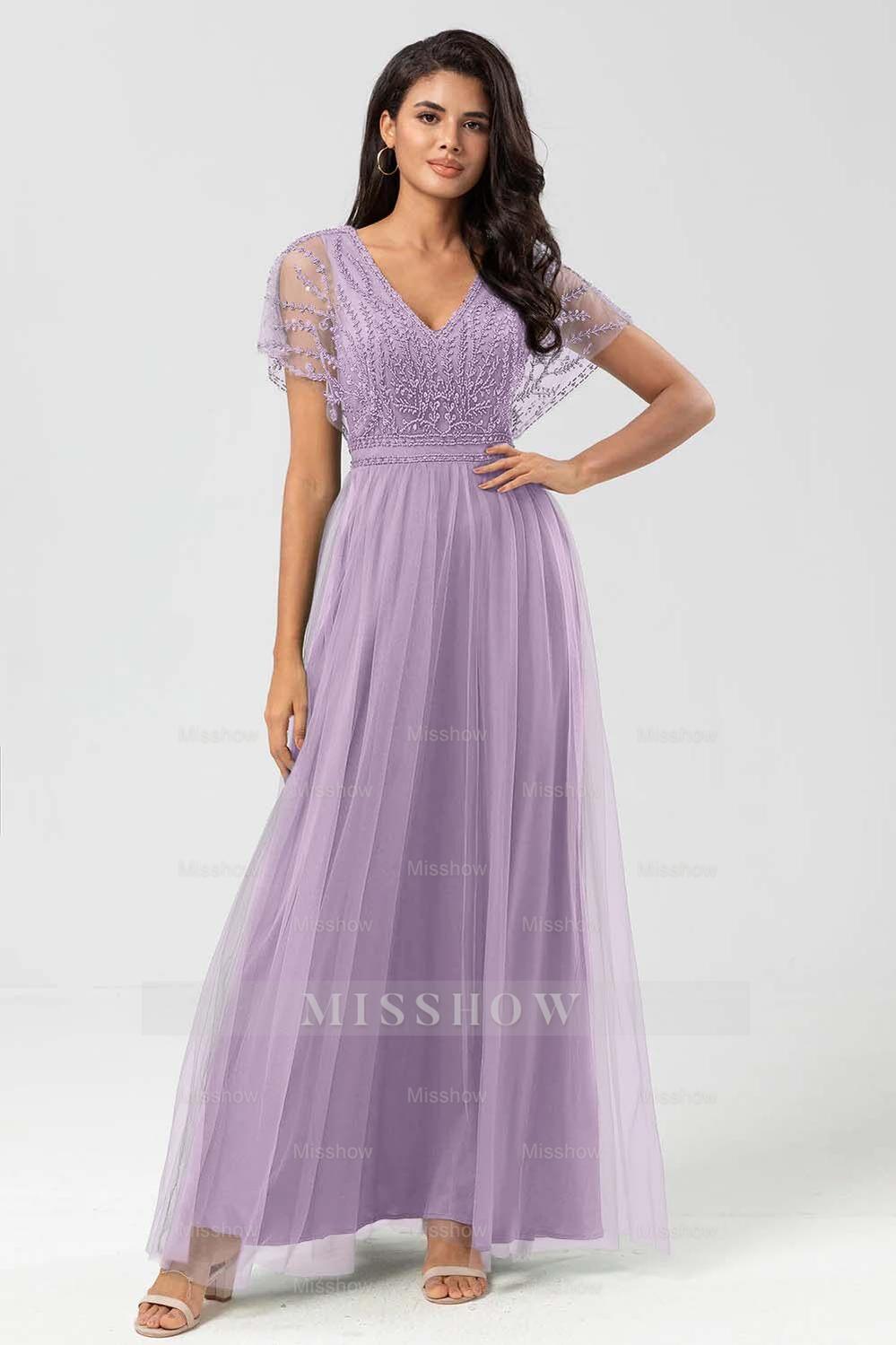 Tulle Short Sleeves V Neck A Line Long Formal Dress With Appliques