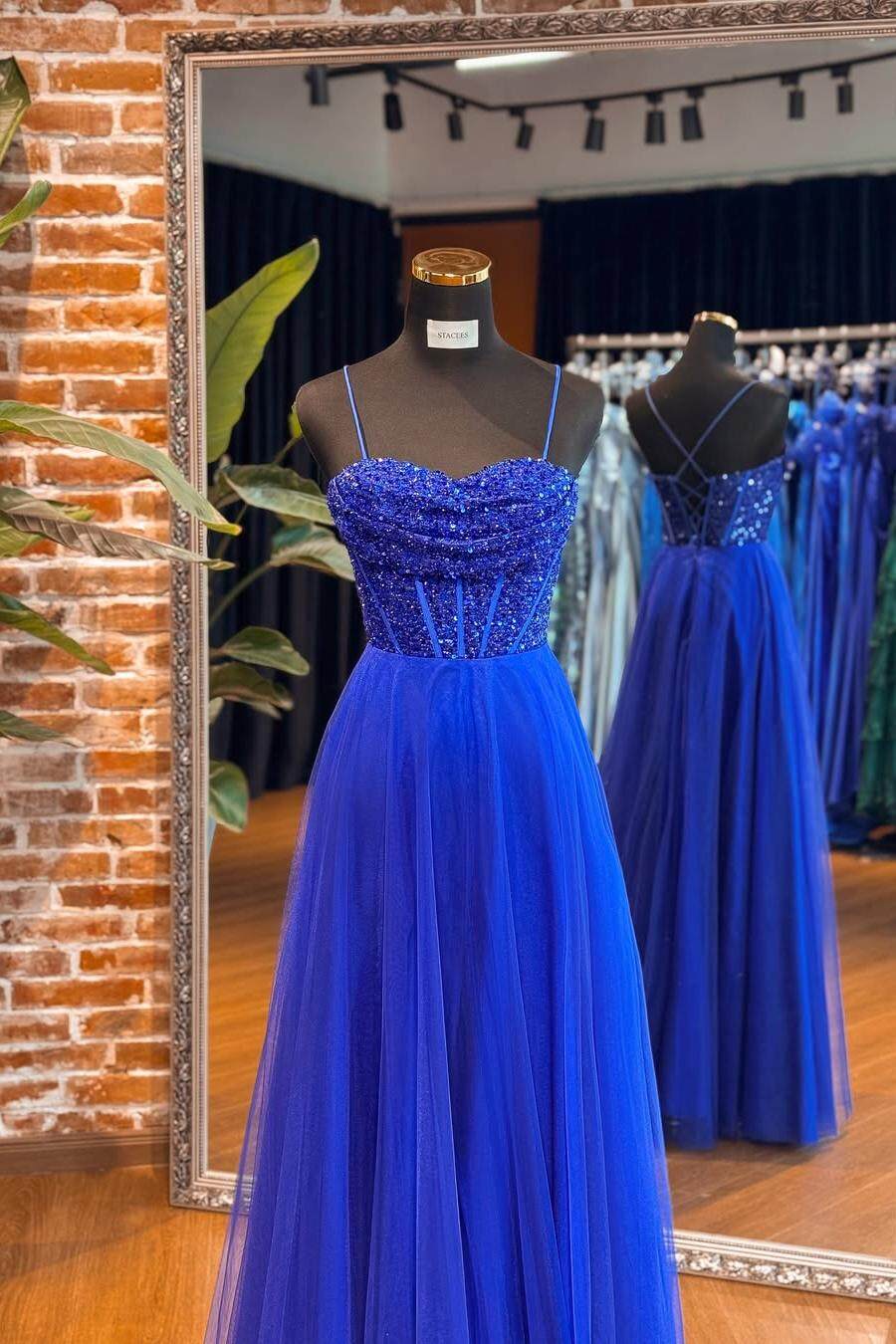 Tulle Spaghetti Strap Sleeveless Long Formal Dress With Sequins