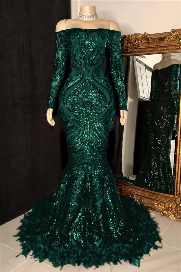 Long Sleeves Strapless Mermaid Formal Dress Sequins Burgundy With Feather