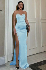 Strapless Sleeveless Mermaid Split Long Formal Dress With Beading