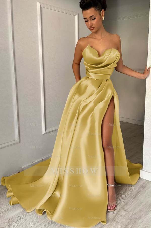 Strapless Sleeveless Long Formal Dress With High Split Pleated