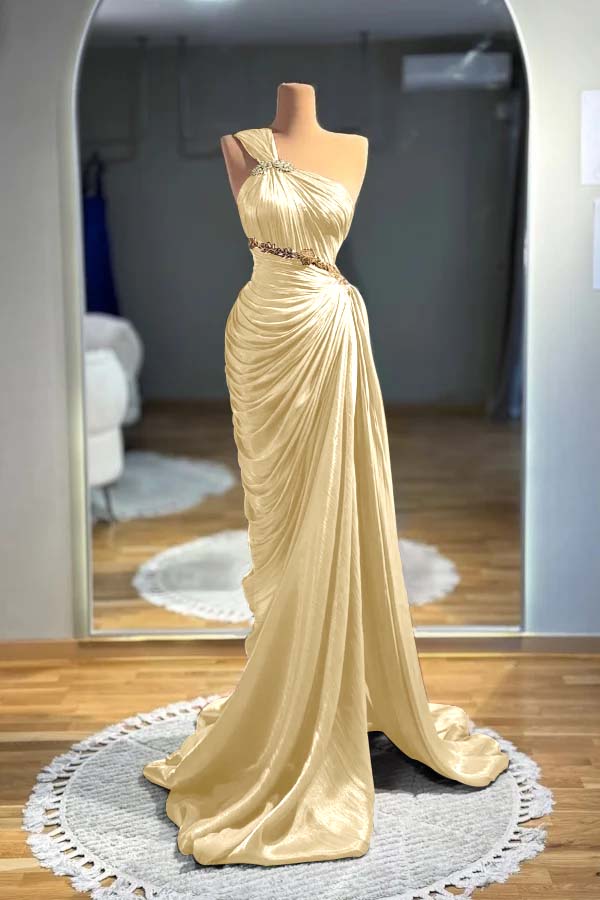 One Shoulder Sleeveless Long Mermaid Formal Dress With Pleated