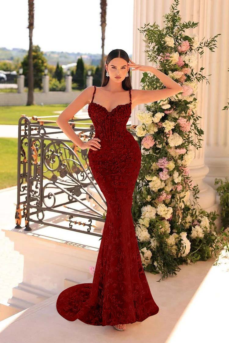 Spaghetti Strap Sleeveless Mermaid Appliques Long Formal Dress With Beadings