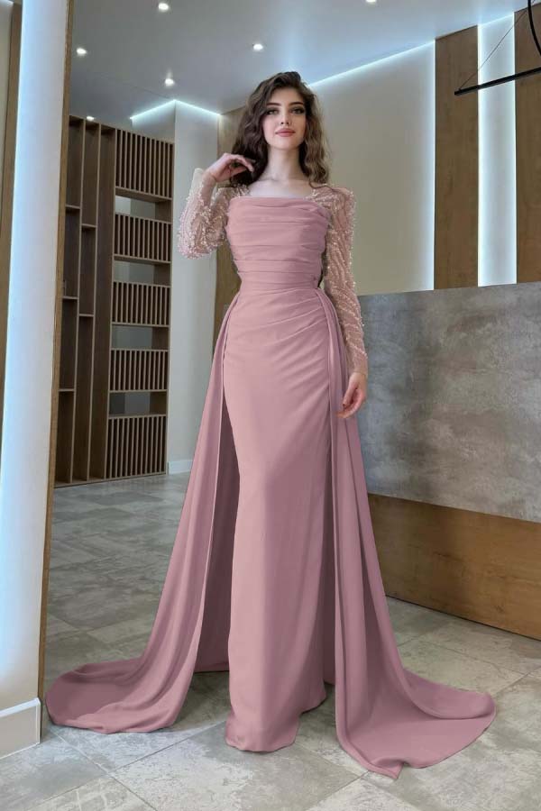 Long Sleeves Square Neck Long Mermaid Formal Dress With Pleated