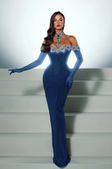 Halter Off the Shoulder Long Sleeves Long Mermaid Formal Dress With Beading