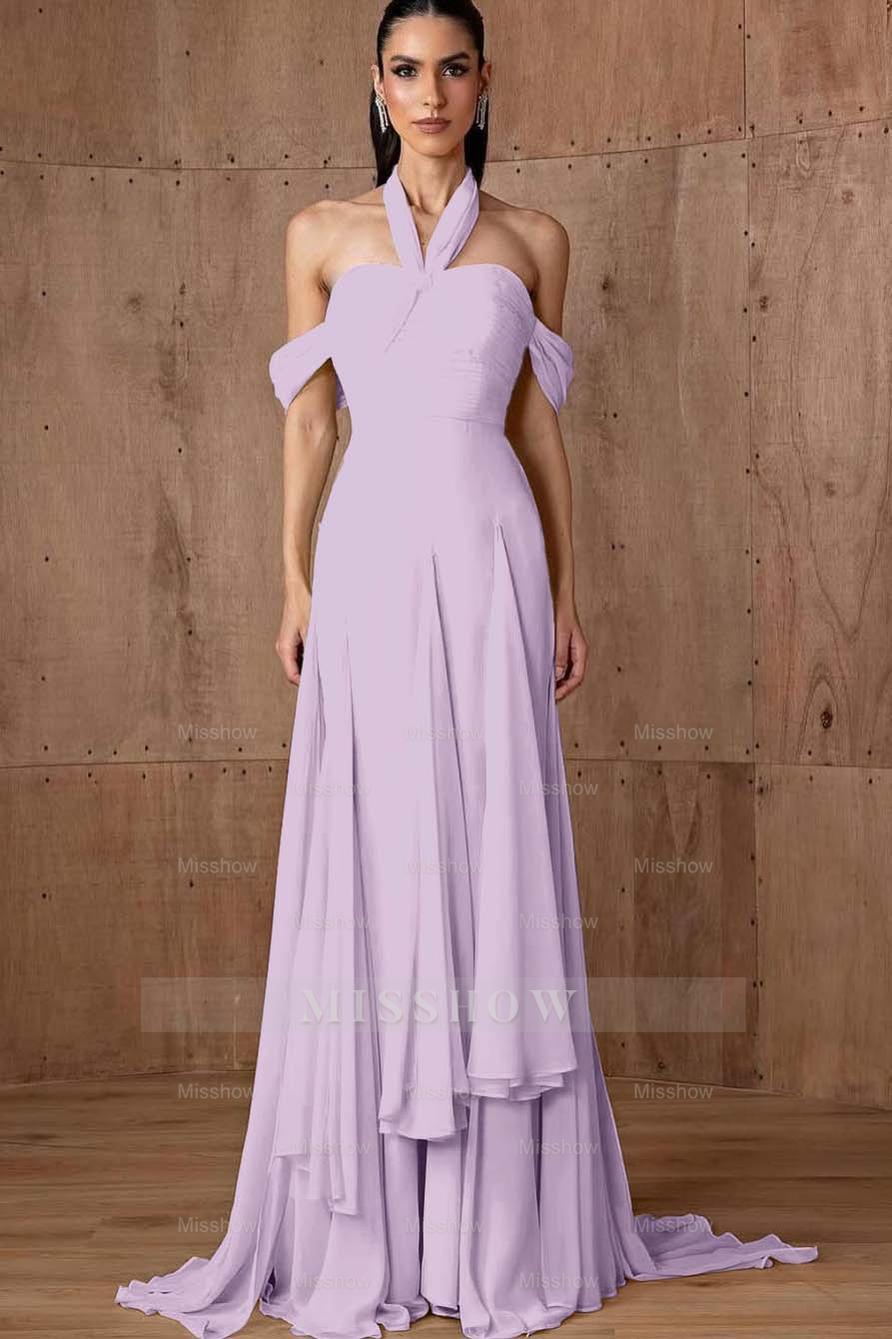Halter Off the Shoulder Sleeveless Long Formal Dress With Ruffles