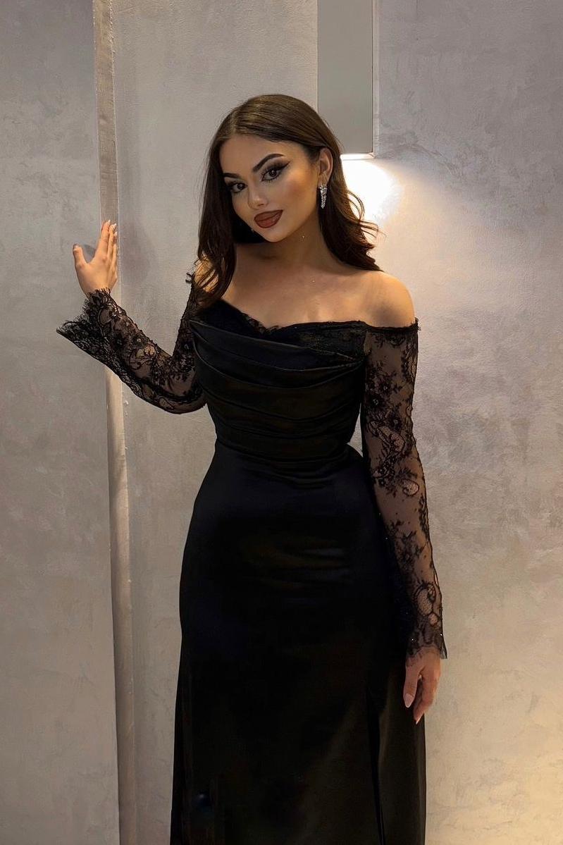 Long Sleeves Off the Shoulder Long Mermaid Formal Dress With Pleated