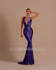 Black Deep V Neck Sleeveless Mermaid Long Formal Dress With Pleated