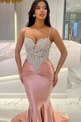 Attractive Long Mermaid Spaghetti Straps Lace Prom Evening Dresses with Train