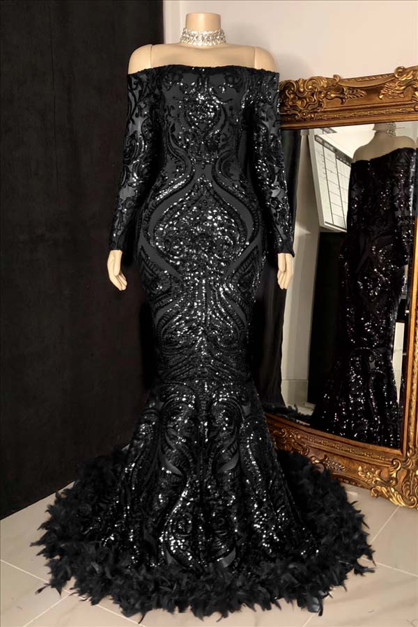 Long Sleeves Strapless Mermaid Formal Dress Sequins Burgundy With Feather